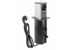 Tower Ausziehbare Möbelbuchse, 1x französische Steckdose, 1xUSB A, 1xUSB C, Kabel 1,5m, schwarz, Inox-Kappe